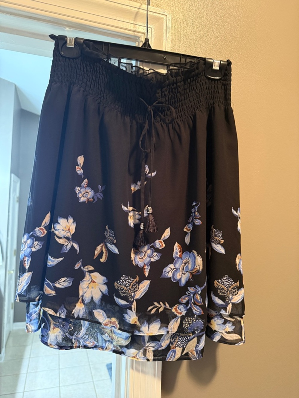 WHBM Floral Smocked Waist Black Skirt